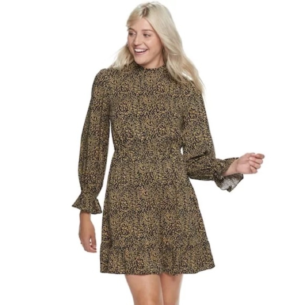POPSUGAR Mock Neck Mini Dress Leopard Animal Print Cuffed Flutter Sleeves Size M